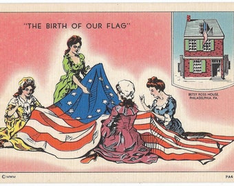 American Flag Birth, Betsy Ross, Patriotic USA 1930s Linen Postcard, Very Good Condition, Plastic sleeve included