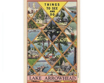 Lake Arrowhead, San Bernardino Mountains, California 1940s Unused Linen Postcard