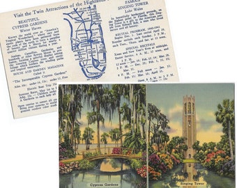 Florida Map, Cypress Gardens & Singing Tower, Unused 1940s Linen Postcard, Lake Wales Chamber of Commerce