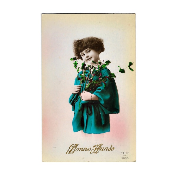 Bonne Année Hand Tinted Photo Postcard Colorized Picture, French Language Vintage Handwriting, Little Boy with Holly