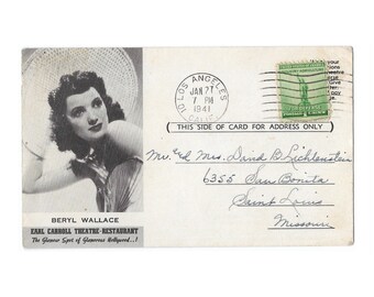 Beryl Wallace Earl Carroll Theatre Restaurant postcard Stamped and Postmarked 1941, The Glamour Spot of Hollywood!