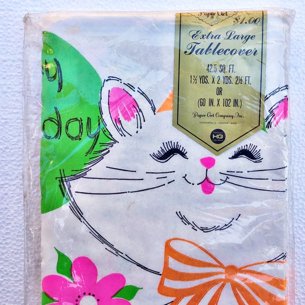 Katze Geburtstag Partytisch Abdeckung der 1960er Jahre ungeöffnet Vintage Extra große Papiertischdecke weiße Kätzchen mit Blumen 60 in X 102 in