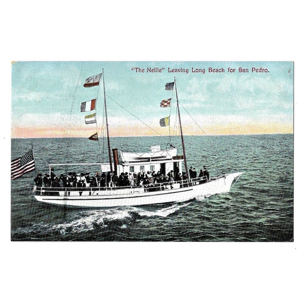 Yachting Party Antique Postcard - Long Beach CA to San Pedro California "The Nellie" Vintage Boat