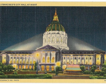 San Francisco City Hall at Night 1940s Linen Postcard