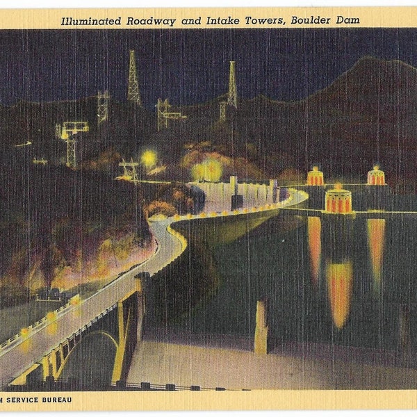 Boulder Dam Illuminated Roadway and Intake Towers at Night, Lake Mead Nevada, Unused 1940s Linen Postcard