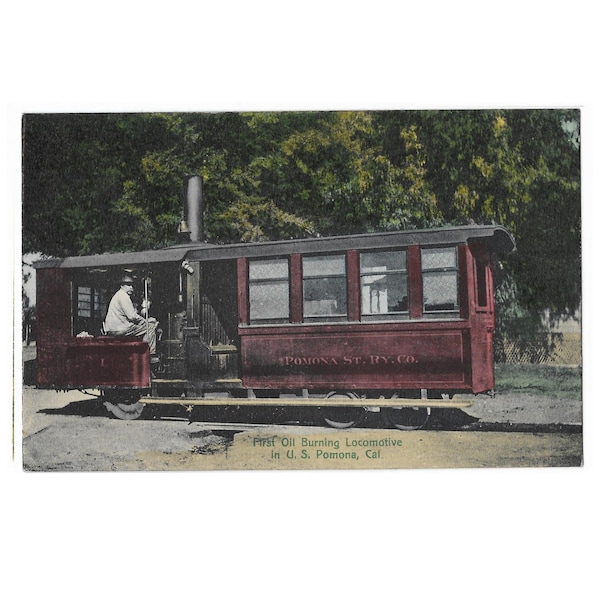 Première locomotive au mazout - Pomona, Californie, années 1910, carte postale ancienne inutilisée