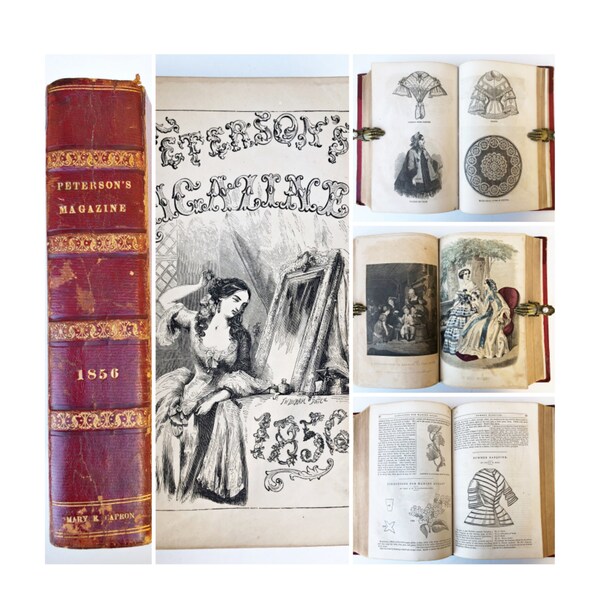 Fashion Magazine; 1856 Peterson's - illustrations and descriptions of Women's Clothing, corsets, petticoats, crinoline, bonnets, embroidery