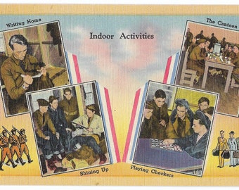 WWII Army Base Soldiers Indoor Activities Asheville NC Linen Postcard, Very Good Condition, Plastic sleeve included