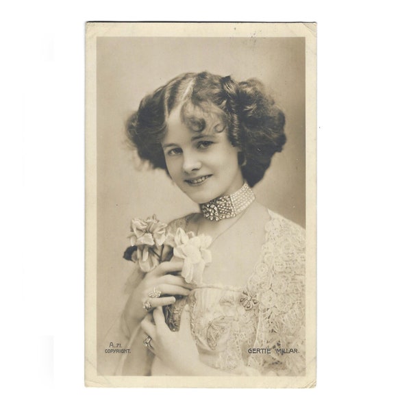 Gertie Millar, English actress and singer of Edwardian musical comedy - Postmarked 1905 with British Half Penny Stamp - RPPC Postcard