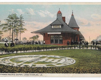 Lake Charles LA Southern Pacific Railway Depot Postcard Postmarked 1920, Stamped and Handwritten