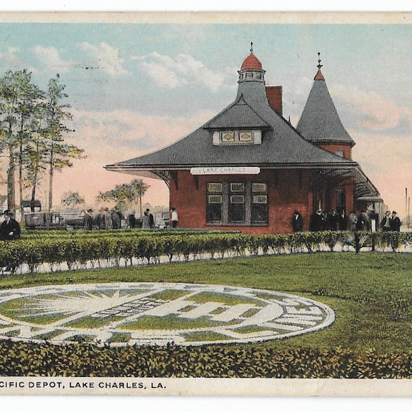 Lake Charles LA Southern Pacific Railway Depot Postcard Postmarked 1920, Stamped and Handwritten