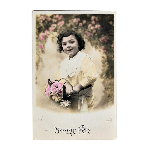 Cute Little Boy with Flowers - Bonne Fête - Vintage Birthday Card - French Postcard - Unused Antique - Color Tinted Photograph