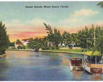 Sunset Islands Miami Beach Florida jaren 1940 linnen briefkaart