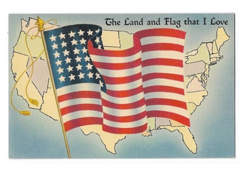 1940s WWII Patriotic Linen Postcard "The Land and Flag That I Love" USA Map, Very Good Condition, Plastic sleeve included