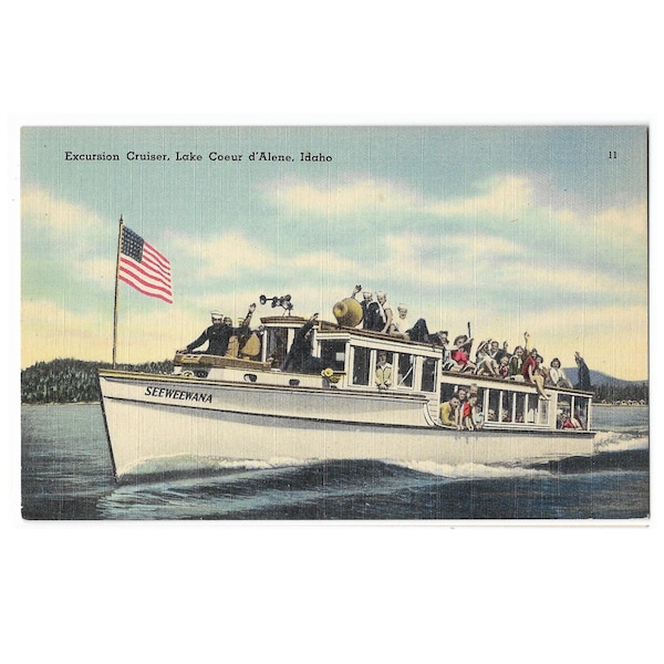 Coeur d'Alene Idaho Yachting Party, 1940s Unused Linen Postcard - Vintage Boat with American Flag, Sailors & Girls