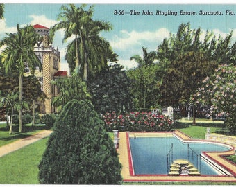 Ca' d'Zan or John Ringling Circus Estate 1930s Curt Teich Linen Postcard, Mediterranean Revival Architecture, Sarasota Florida