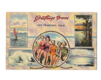 Greetings from San Francisco - Pin Up Girls in Bathing Suits 1940s  Linen Postcard