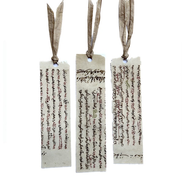 Arabic Calligraphy Bookmarks Set of 3 made from Antique Manuscript, 18th Century Morocco, Unique Bibliophile Gift, Each set is One of a Kind