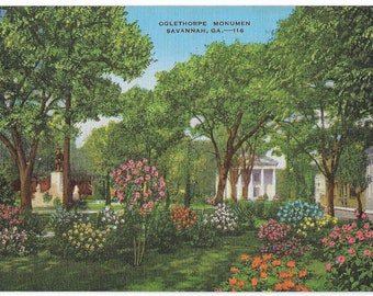 Chippewa Square, Savannah GA, Oglethorpe Monument, carte postale en lin des années 40, emplacement du banc de Forrest Gump et de l'arrêt de bus