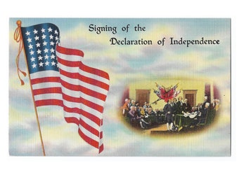 Declaration of Independence American Flag Patriotic USA 1930s Linen Postcard, Very Good Condition, Plastic sleeve included