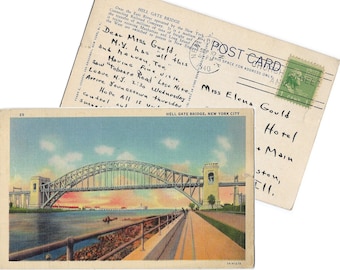 Hell Gate Bridge New York Linen Postcard Stamped and Postmarked 1940, mentions "Tobacco Road" and Clam Chowder