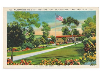 San Diego Old Town Plaza 1st American Flag Raised in California Unused 1940s Linen Postcard