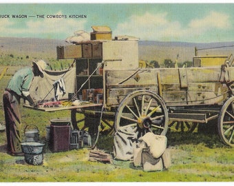 Chuck Wagon, The Cowboy's Kitchen, Unused 1940s Linen Postcard