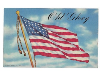 Old Glory American Flag Patriotic USA 1930s Linen Postcard, Very Good Condition, Plastic sleeve included