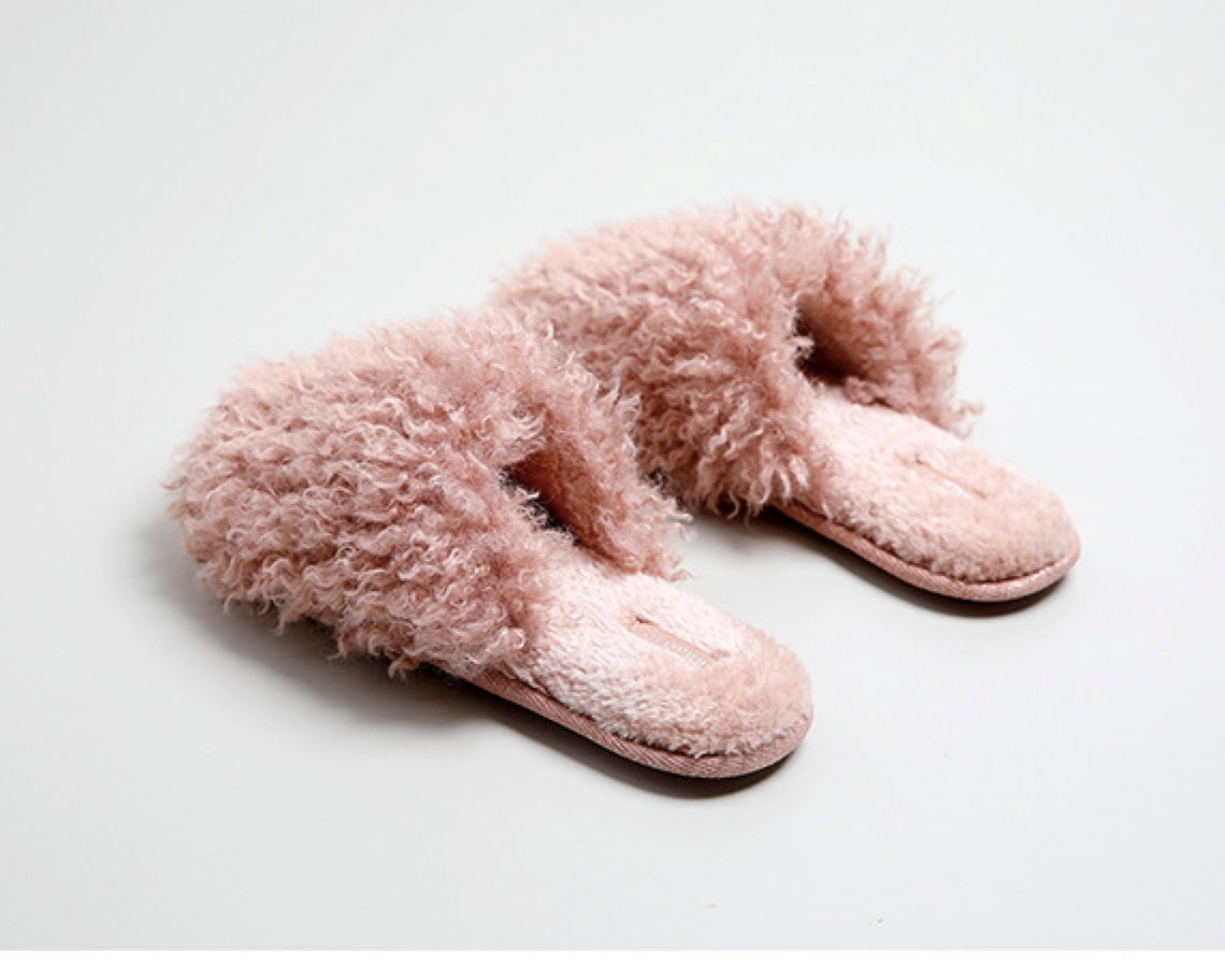 Faux fur fluffy warm slippers pink aesthetic women's | Etsy