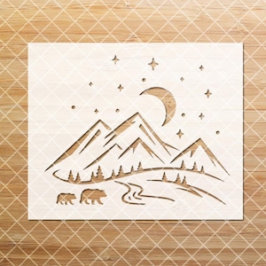 Mountain Stencil, Adventure Stencil, Nature Stencil, Bear Stencil, Mountains with Moon and Stars Stencil, Reusable Stencil, Craft Stencil