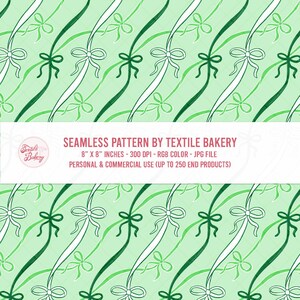 May include: Seamless pattern featuring a repeating design of green and white ribbons and bows on a light green background. The text "SEAMLESS PATTERN BY TEXTILE BAKERY" is displayed at the bottom. The pattern is 8" x 8" and is for personal and commercial use.