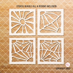 May include: A stencil bundle featuring four square designs with geometric patterns. The stencils are white and set against a light brown wooden surface. The text "STENCIL BUNDLE (ALL 4 DESIGNS INCLUDED)" is at the top. Copyright 2023 is at the bottom.