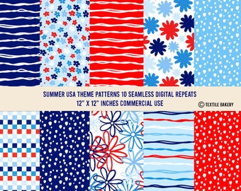 10 July 4th Patterns, Summer Paper Pack, America USA Seamless Patterns, Digital Paper, Commercial Use, Seamless Patterns, Digital Download