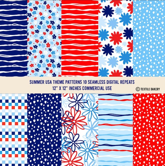 10 July 4th Patterns, Summer Paper Pack, America USA Seamless Patterns, Digital Paper, Commercial Use, Seamless Patterns, Digital Download