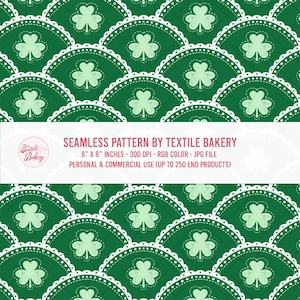 May include: A seamless pattern featuring a repeating design of green shamrocks within scalloped white borders, set against a dark green backdrop. The design includes the text "SEAMLESS PATTERN BY TEXTILE BAKERY". The pattern is 8 x 8 inches.