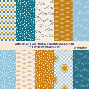 10 Boho Summer Retro Beach and Surf Patterns, Paper Pack, Seamless Patterns, Beachy Digital Paper, Commercial Use Pattern, Digital Download