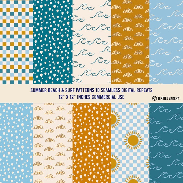 10 Boho Summer Retro Beach and Surf Patterns, Paper Pack, Seamless Patterns, Beachy Digital Paper, Commercial Use Pattern, Digital Download