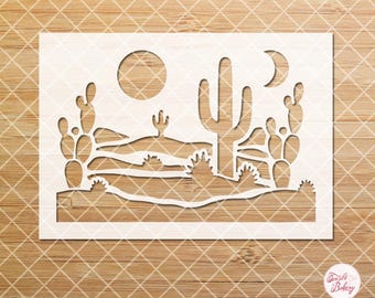 Cactus Desert Scene Stencil, Wall Nursery Stencil, Desert Scene Stencil, Texture Stencil, Cactus Moon Stars Stencil