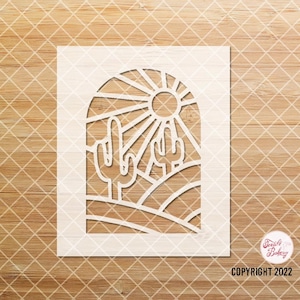 May include: A white silhouette of a desert landscape with a sun, cacti, and hills. The sun has rays coming from it. The hills are curved and wavy. The cacti are tall and thin with arms reaching up.