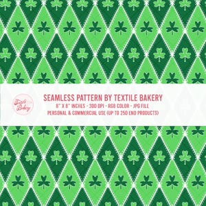 May include: A seamless pattern featuring a repeating design of green diamonds and shamrocks. The diamonds alternate between light and dark green, with white stitching details. The text "SEAMLESS PATTERN BY TEXTILE BAKERY" is visible.