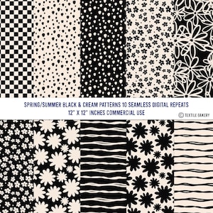 May include: A collection of ten seamless digital patterns in black and cream. Designs include checkered, dotted, and floral motifs, along with wavy and striped patterns. The patterns are 12 x 12 inches and are for commercial use. The text reads "SPRING/SUMMER BLACK & CREAM PATTERNS 10 SEAMLESS DIGITAL REPEATS".