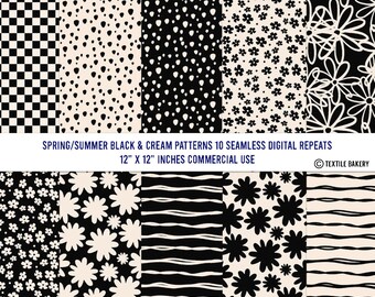 May include: Ten seamless digital patterns in black and cream, featuring various designs such as checks, dots, and flowers, alongside wavy and striped patterns. Each pattern measures 30.48 cm x 30.48 cm and is for commercial use. The text reads "SPRING/SUMMER BLACK & CREAM PATTERNS 10 SEAMLESS DIGITAL REPEATS".
