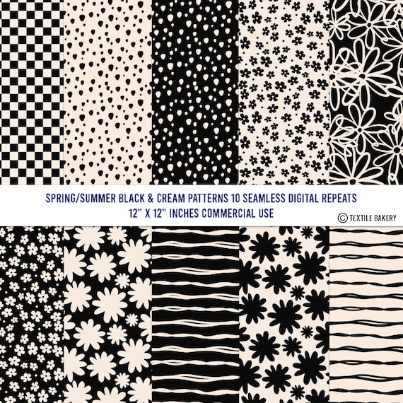10 Black & Cream Boho Seamless Digital Papers, Spring Floral, Spring Flowers, Commercial Use Digital Paper, Boho Patterns, paper packs