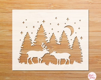Pine Tree Stencil, Reindeer Stencil, Forrest with Deer Stencil, Fir Tree Stencil, Tree Silhouette, DIY Stencil, Craft Stencil, Tree Stencil