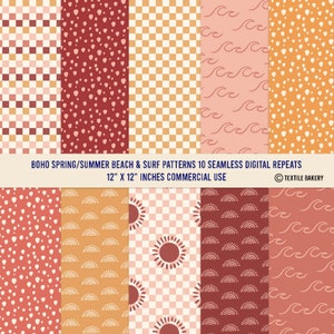 Könnte beinhalten: Zehn digitale nahtlose Muster im Boho-Stil mit Strand- und Surf-Motiven. Die Muster zeigen verschiedene Farben, darunter Orange, Rot, Pink und Weiß. Die Muster beinhalten Wellen, Sonnen und karierte Designs. Die Muster sind 12 Zoll mal 12 Zoll groß und für kommerzielle Zwecke bestimmt.
