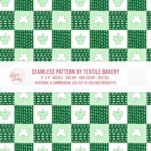 May include: Seamless pattern featuring a green and white checkered design with shamrock motifs. The pattern includes the text "SEAMLESS PATTERN BY TEXTILE BAKERY" and is 8 x 8 inches.