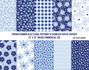 10 Spring Summer Blue Patterns, Paper Pack, Navy Pattern, Digital Paper, Floral Patterns, Seamless Patterns, Digital Download, Dot Pattern