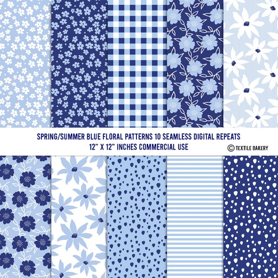 10 Spring Summer Blue Patterns, Paper Pack, Navy Pattern, Digital Paper, Floral Patterns, Seamless Patterns, Digital Download, Dot Pattern