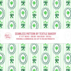 May include: A seamless pattern featuring green shamrocks and bows on a light green striped background. The design includes oval frames with shamrocks and bouquets. The text "SEAMLESS PATTERN BY TEXTILE BAKERY" is visible.