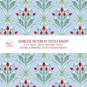 May include: A seamless pattern featuring a repeating design of red strawberries, white flowers, and green leaves and bows on a light blue background. The pattern is 8 x 8 inches.